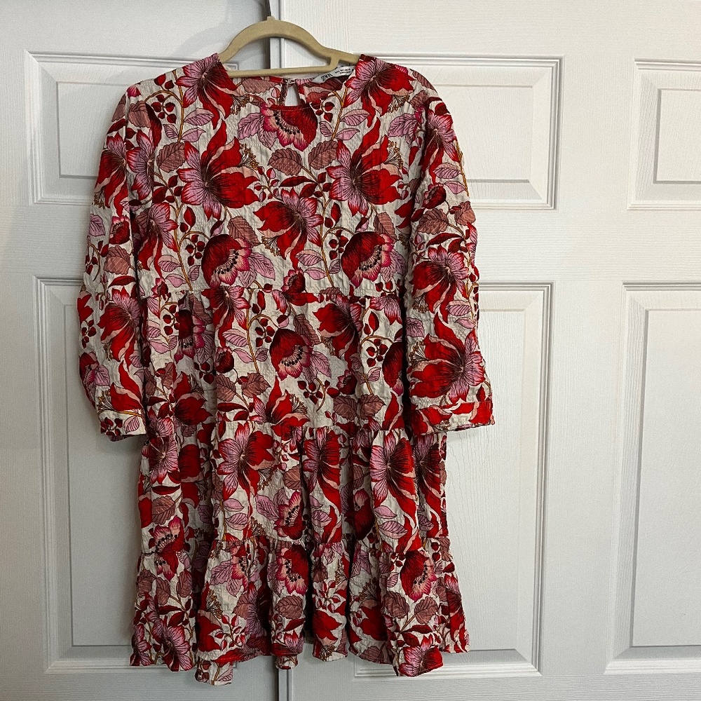 Zara Red and Pink Floral ¾ Length Baby Doll Dress